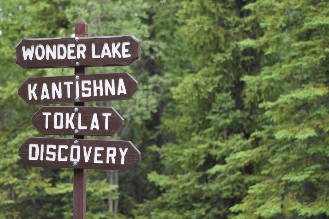 A signpost from the bus loading zone in Alaska's Denali National Park reads, "Wonder Lake", "Kantishna", "Toklat", and "Discovery". This image has nothing to do with the application, but the app contains private, proprietary data and thus a screenshot would be inappropriate.